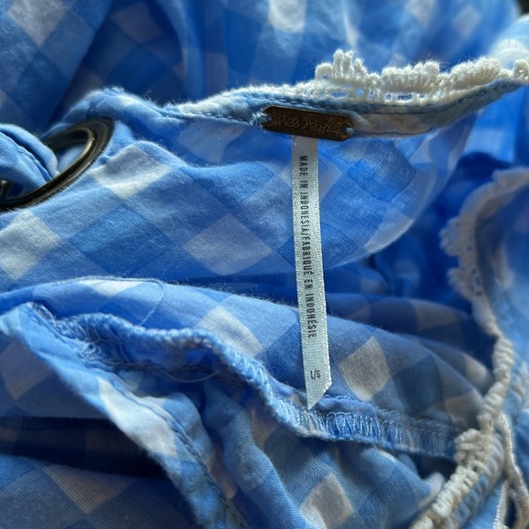 Free People Dress Gingham Blue White Lace Bubble Hem Angel Sleeve Sz L - Picture 6 of 9